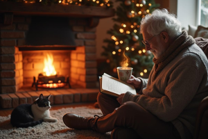 senior man reading a book by the chistmas tree